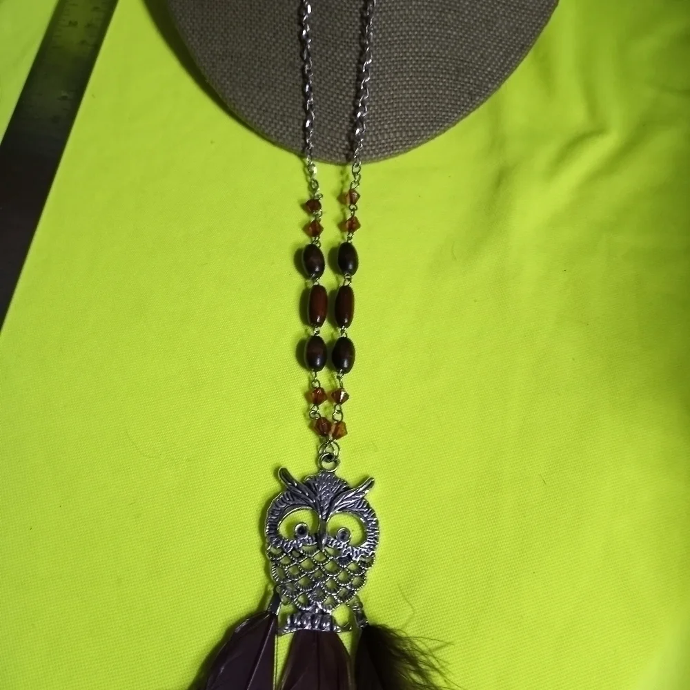 Silvertone owl wood beads feather necklace Earring set brown